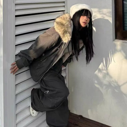 Chic Dollette Winterjacken Pelzkragen Parkas Vintage Thicken Fleece Warme Jacken Streetwear Harajuku Hip Hop Gepolsterte Chic Oberbekleidung