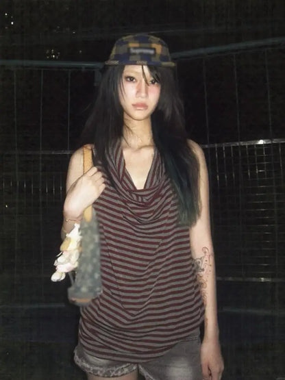 Chic Dollette Débardeur vintage gothique rayé sans manches Col bénitier Camisole Style japonais années 2000 Grunge Top E-girls