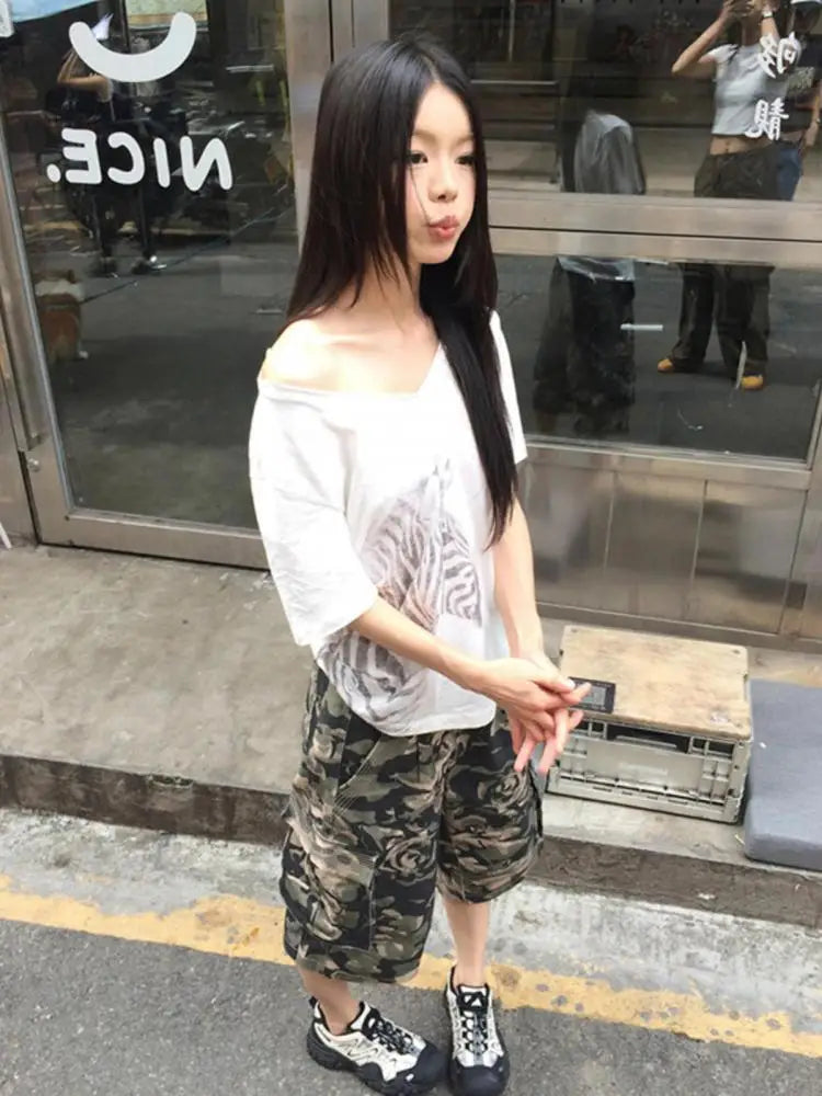 Chic Dollette V-Ausschnitt Zebra-Grafik T-Shirts Damen Kleidung Kurzarm Koreanische Mode 2000er Jahre Kleidung Sommer Top T-Shirts Weiblich Chic
