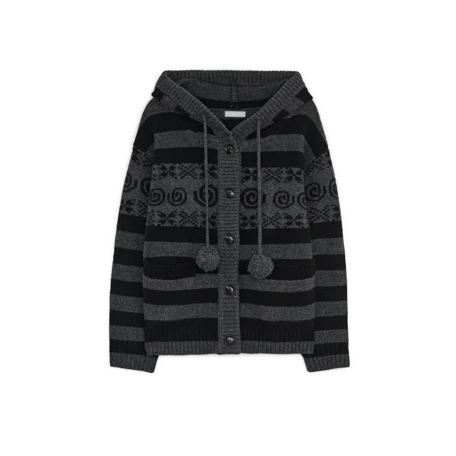 Chic Dollette Autumn Striped Hooded Knitted Sweater Fashion New Casual Cardigan Coat Women Gothic Vintage Women's Clothing