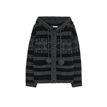 Chic Dollette Autumn Striped Hooded Knitted Sweater Fashion New Casual Cardigan Coat Women Gothic Vintage Women's Clothing