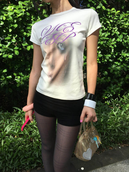 Chic Dollette Short Sleeve Slim Tee Tops Streetwear American Retro Vintage Graphic Tops Tee 2000s