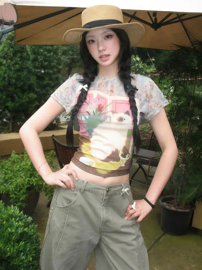 Chic Dollette Hotsweet T-Shirt Print Katze Kurzarm Tee Enger O-Neck Top 2000er Kleidung Koreanische Mode Damenbekleidung Chic