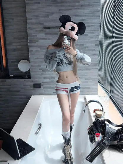 Chic Dollette Print-Buchstaben Damen Sweatshirts Langarm Koreanische Mode Crop Top Lässiger Streetwear Hoodie Kleidung Herbst Top