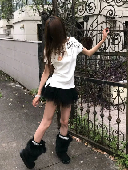 Chic Dollette T Shirts Women Vintage Turn Down Collar Embroidery Short Sleeve Fashion Y2k Aesthetic Harajuku Tops Grunge Gothic