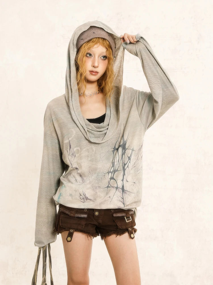 Chic Dollette Gothic Print Grafik-Top Kapuzenpullover Unregelmäßiger Schwingkragen Pullover Vintage Grunge Top Japanische 2000er T-Shirts