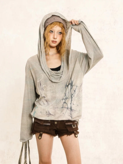 Chic Dollette Gothic Print Grafik-Top Kapuzenpullover Unregelmäßiger Schwingkragen Pullover Vintage Grunge Top Japanische 2000er T-Shirts