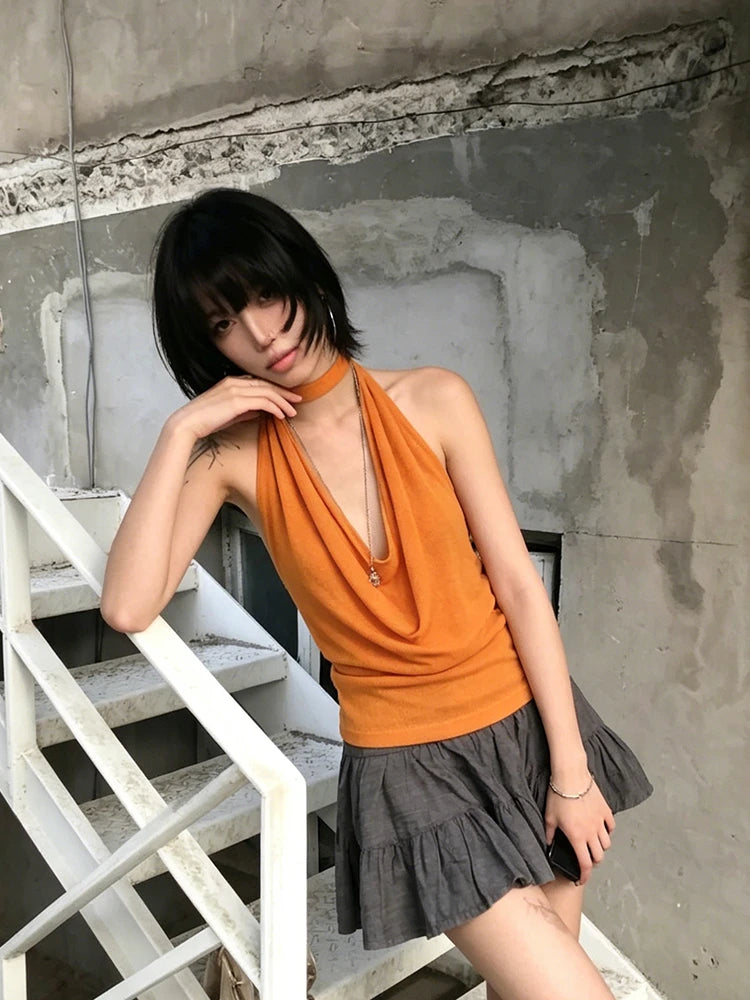 Chic Dollette Sexy Tanktop Neckholder zum Schnüren mit Schwingkragen Vintage Camis Streetwear Japanische ärmellose Tanks der 2000er-Jahre