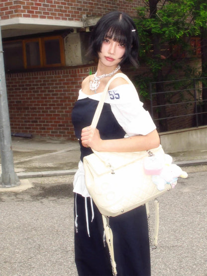 Schickes Dollette Harajuku Patchwork T-Shirt Dreiviertelarm Spanisches Shirt Vintage Crop Top Sommer Grunge Grafik-T-Shirts Japanische 2000er
