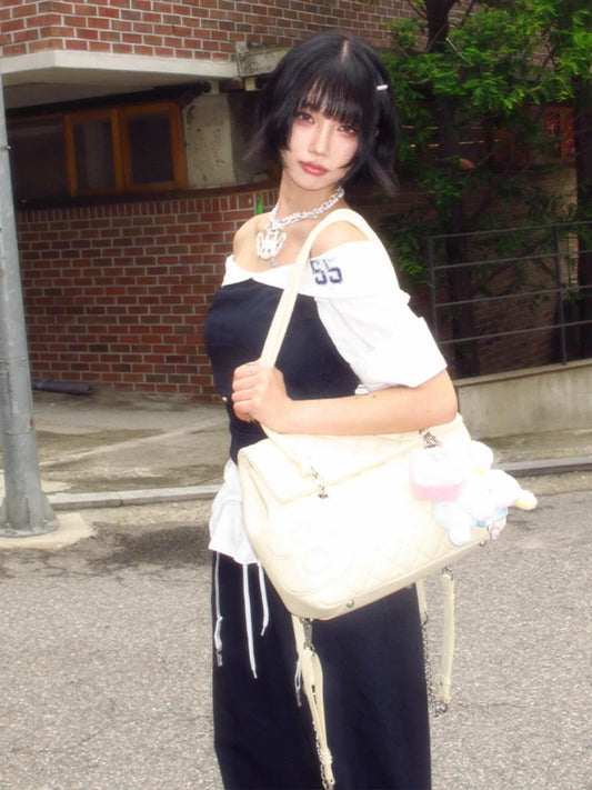 T-shirt Chic Dollette Harajuku Patchwork Trois Quarts Espagnol Vintage Crop Top Estival Grunge Graphique Années 2000 Japonais