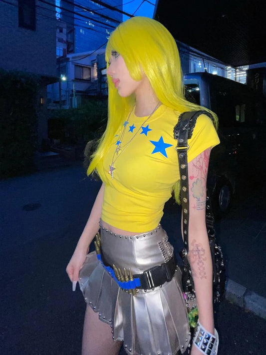 Haut court chic Dollette Hot Summer Jaune T-shirt à manches courtes avec motif Vêtements féminins Années 2000 Haut court ajusté chic