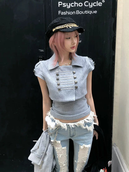 Chic Dollette American retro Y2K 2026 new Napoleon style short-sleeved lapel shirt t-shirt short-sleeved summer new women's item