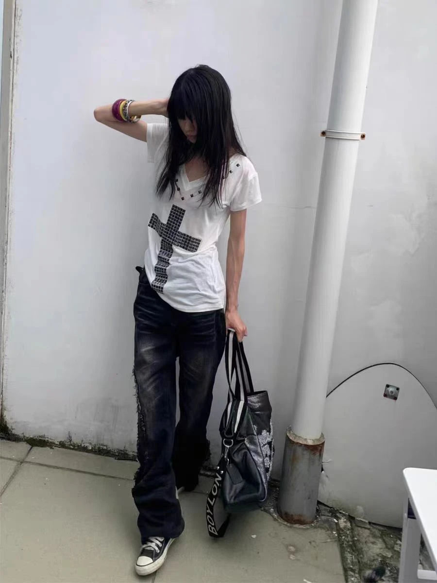 Schickes Dollette Halskreuz Damen T-Shirt Kurzarm Goth Sommer Top 2000er Kleidung Grafik T-Shirt Damen Kleidung Streetwear