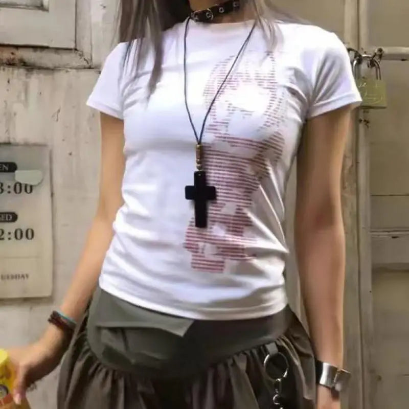 Chic Dollette Hotsweet Grafik-T-Shirt Gothic Kleidung Enger Rundhals Kurzarm 2000er Kleidung Koreanische Mode Damenbekleidung Chic
