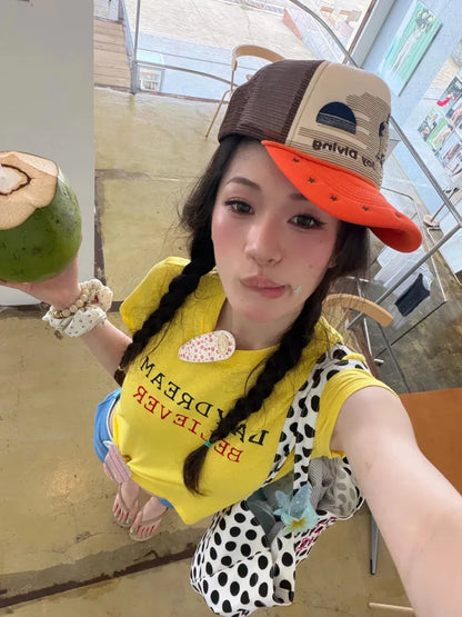 Chic Dollette Slim Yellow Crop Tops Short Sleeve Japanses 2000s Y2k Vintage Tops Streetwear