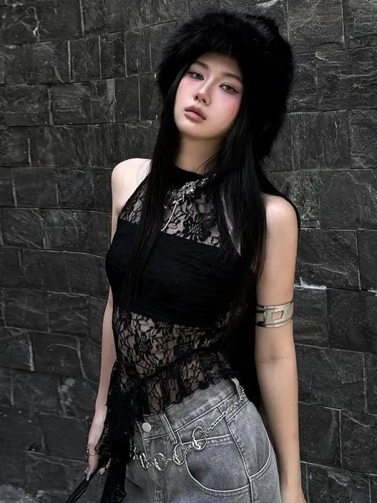 Chic Dollette Débardeur en dentelle noir sexy, haut d'été, T-shirt sans manches, vêtements années 2000, coupe ajustée, évidé, débardeurs gothiques, vêtements