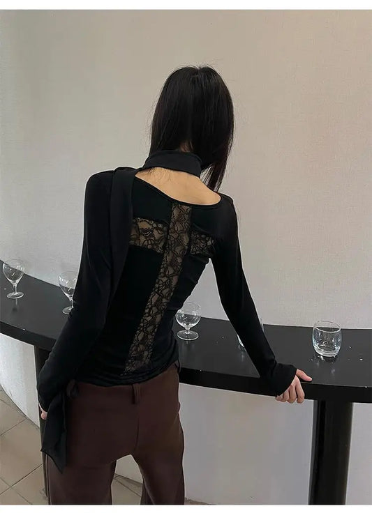 T-shirt Femme Chic Dollette avec Croix au Dos et Découpe, Vêtements Coréens à Manches Longues, Haut d'Automne Ajusté, Tee-shirt Femme