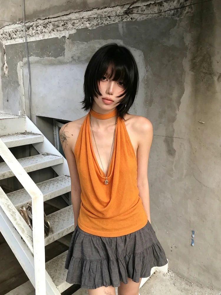 Chic Dollette Sexy Tanktop Neckholder zum Schnüren mit Schwingkragen Vintage Camis Streetwear Japanische ärmellose Tanks der 2000er-Jahre