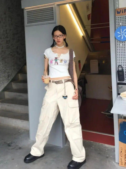 Chic Dollette Print Graphic Tees Amerikanischer Retro Kurzarm Cartoon Slim Grunge T-Shirt  T-Shirt Femme Sommer Top