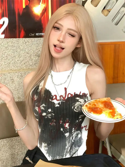 Chic Dollette Hotsweet Top Grafik Tank Top Goth Ärmellos Skinny Damenbekleidung 2000er Kleidung Koreanische Mode Sommer T-Shirts