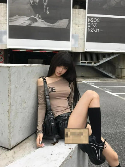 Haut court chic Dollette Hot Sweet à manches longues et imprimé, style années 2000, T-shirt décontracté pour femme