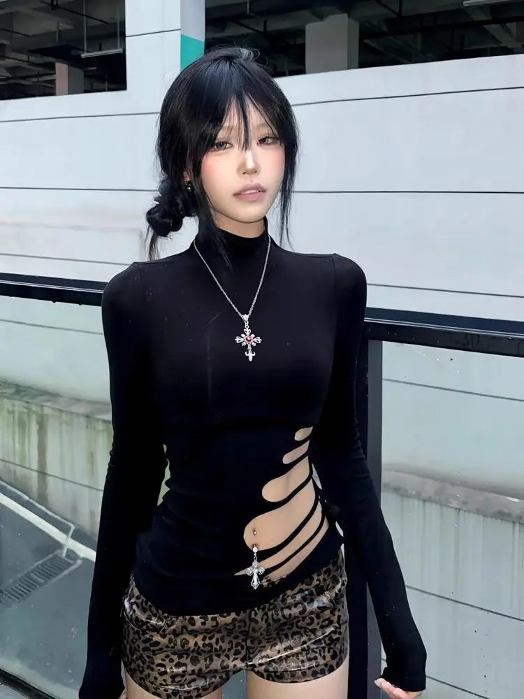 T-shirt Chic Dollette Hotsweet avec découpes, coupe ajustée, manches longues, vêtements des années 2000, mode coréenne, vêtements pour femmes, col roulé, haut chic