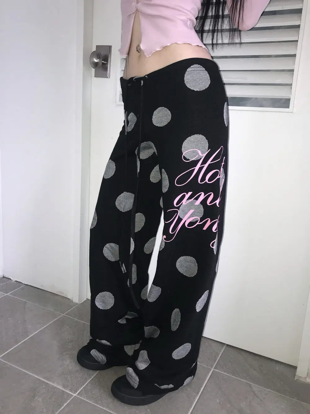 Chic Dollette 2026 new retro Y2K versatile polka dot letter drawstring wide leg pants casual and simple street trend niche fashion personality