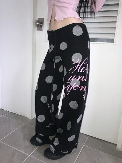 Chic Dollette 2026 new retro Y2K versatile polka dot letter drawstring wide leg pants casual and simple street trend niche fashion personality