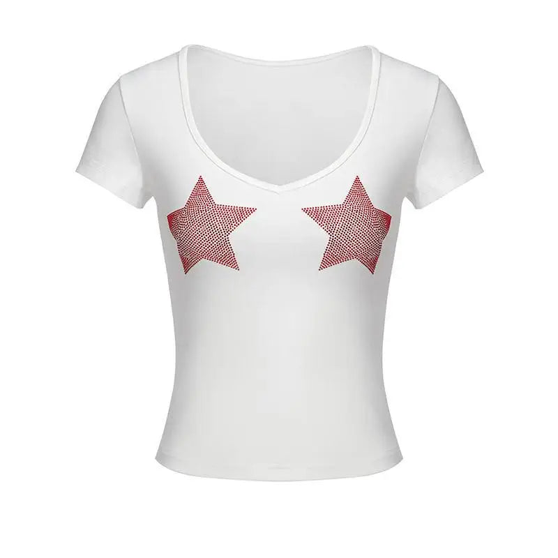 Chic Dollette Hotsweet Pentagram Grafik T-Shirts Damen 2000er Kleidung Schmaler V-Ausschnitt Kurzarm Sommer Oberteil T-Shirts Damen Bekleidung