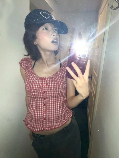 Chic Dollette Japanese Plaid Shirt Women Short Sleeve Slim Blouse And Shirt American Retro 90s Crop Tops Streetwear Vintage Tops