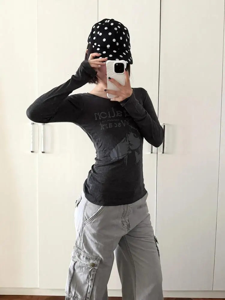 Schicke Dollette Streetwear Grafik T-Shirts Damen Kleidung Langarm Koreanische Mode 2000er Kleidung T-Shirts Weibliche Kleidung Herbst Oberteil