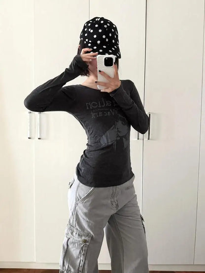 Schicke Dollette Streetwear Grafik T-Shirts Damen Kleidung Langarm Koreanische Mode 2000er Kleidung T-Shirts Weibliche Kleidung Herbst Oberteil