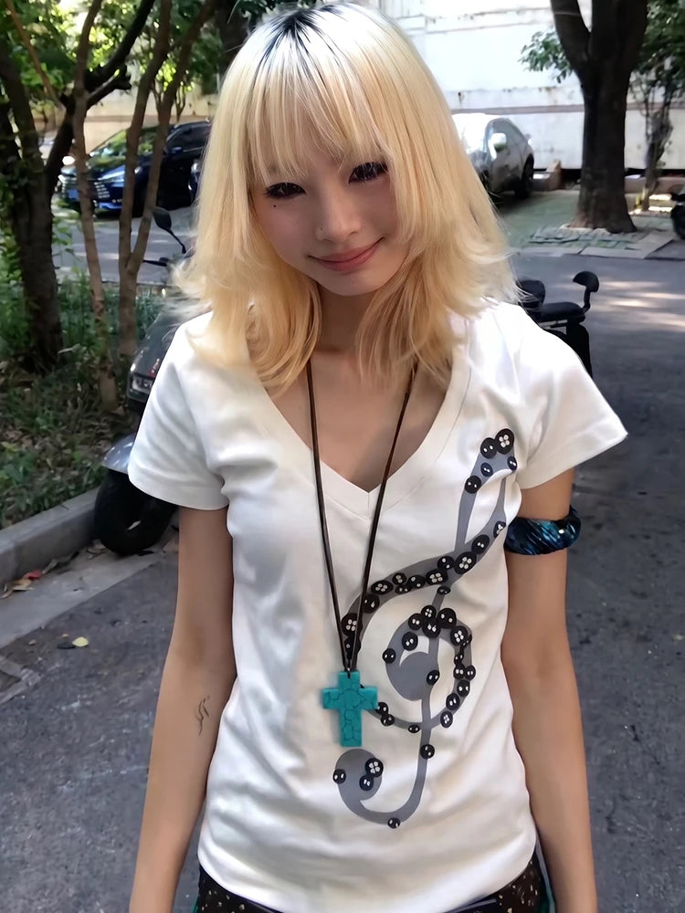 Chic Dollette Japanese Music Note V-Neck White T-shirt