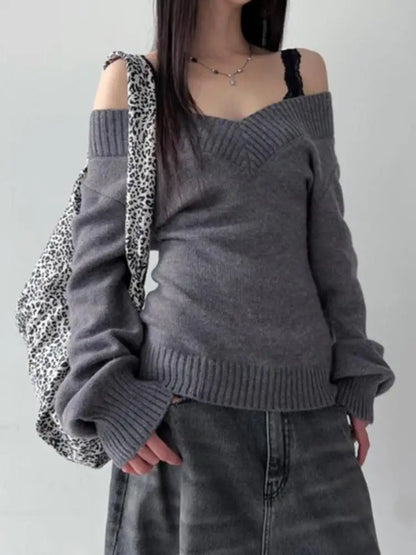 Schicker Dollette V-Ausschnitt Grauer Strickpullover für Koreanische Mode Herbst Winter Strickwaren Pullover Damen Jumper Chic