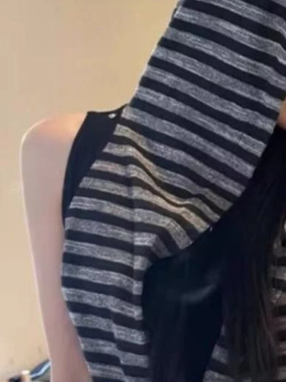 Chic Dollette Hooded Tank Top Harajuku Stripe Patchwork Grunge Camisole Streetwear Casual Women Zipper Vest