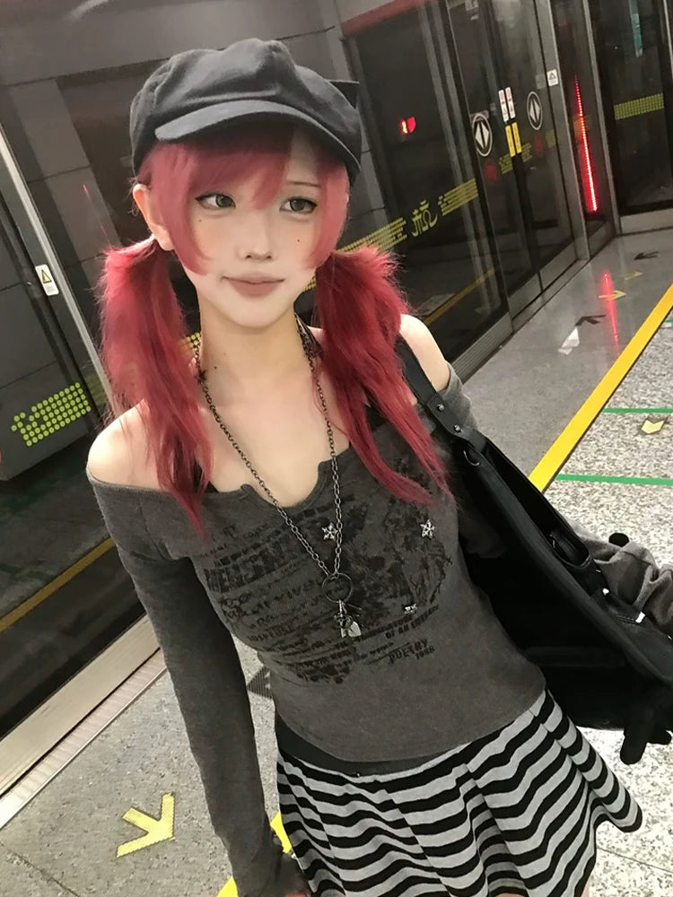 Schickes Dollette Fairycore T-Shirt Langarm Fake Two Pieces Top Japanischer 2000er Print Graphic Top Streetwear Crop Top