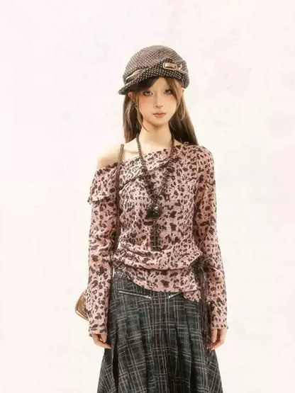 Chic Dollette Japanisches T-Shirt Off Shoulder Leopard Print Grafik-Top 2000er Grunge Top Amerikanische Retro T-Shirts