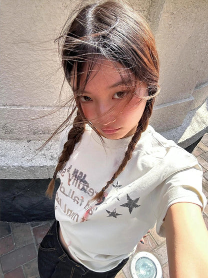 Chic Dollette Japanisches Print T-Shirt Kurzarm 2000er Grunge Top Egirls Streetwear 2000er Grafik Top Tee