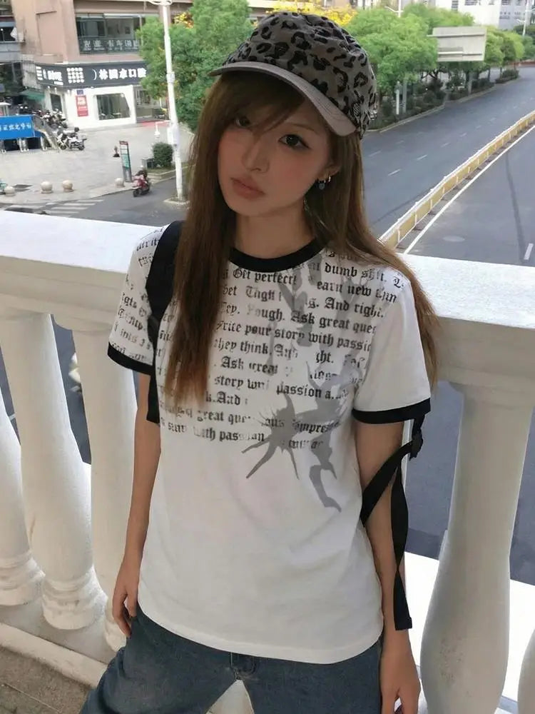 Chic Dollette American Retro  T-shirt Women Short Sleeve Print Graphic Tops Streetwear Y2k Aesthetic Vintage Tops Tee Japanese 2000s