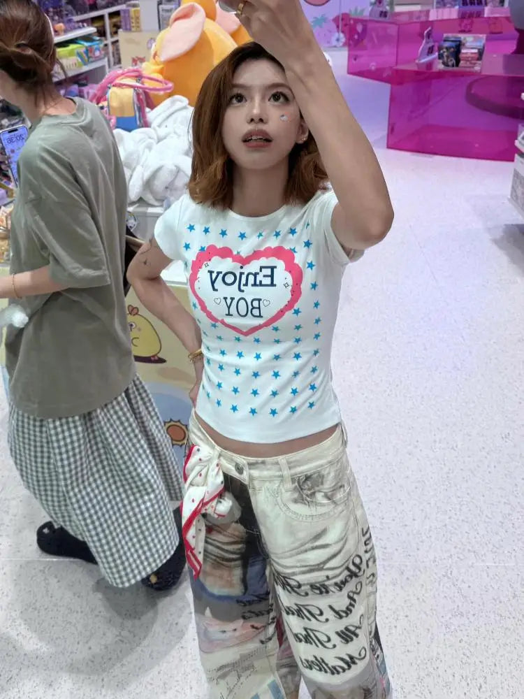Schicke Dollette Hotsweet Grafik T-Shirts Kurzarm Koreanische Mode 2000er Kleidung T-Shirts Damenbekleidung Damen-T-Shirt Slim Top