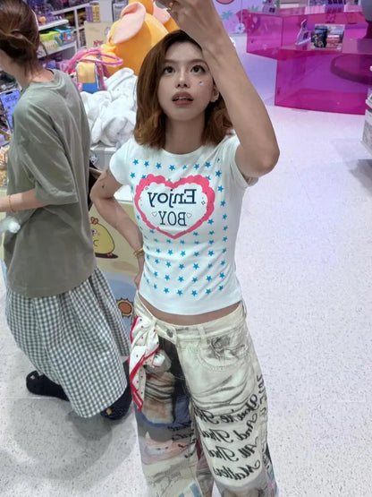 Schicke Dollette Hotsweet Grafik T-Shirts Kurzarm Koreanische Mode 2000er Kleidung T-Shirts Damenbekleidung Damen-T-Shirt Slim Top