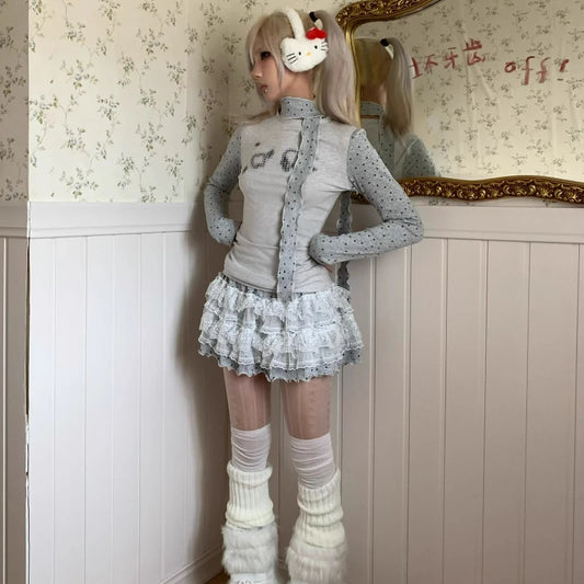 Ensemble jupe en dentelle Chic Dollette pour femme, haut d'été à manches longues, imprimé pois, ourlet intérieur, style doux