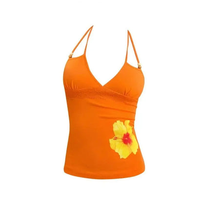 Chic Dollette Floral Print Halter Top Women Casual  Beaded Straps Lace Trim Slim Fit Tees Japnese Harajuku Streetwear 2026 Summer