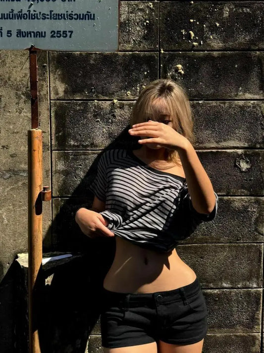 T-shirt rayé Dollette Streetwear chic, manches courtes, mode coréenne, vêtements féminins décontractés, haut d'été chic