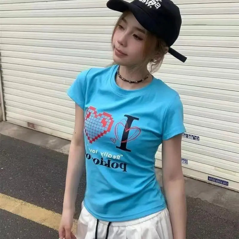 T-shirt Chic Dollette Américain Rétro Col Rond Coupe Slim Motifs Graphiques Vêtements Années 2000 Mode Coréenne Femme Haut Décontracté Manches Courtes
