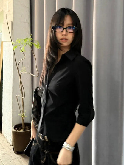Chic Dollette Chemise Vintage Décontractée Manches Trois-quarts Noire Années 2000 Japonaise Haut Rétro Chemises Moulantes Blouse Top Streetwear