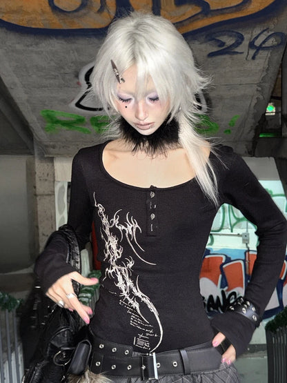 Chic Dollette Gothic Schwarz Bedruckt Grafik T Shirts Damen Kleidung Langarm Tees Weibliche Kleidung Herbst Top 2000er Kleidung Chic