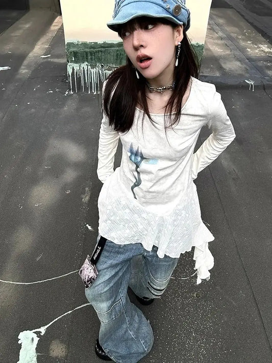 Haut Chic Dollette T-Shirt Imprimé Blanc Motif Irrégulier Top Graphique Années 2000 Japanese Fairycore Vintage T-shirts Retro Grunge Top Tee