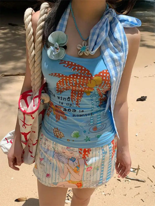 Haut court Chic Dollette à carreaux bleus patchwork avec dos nu, vêtements des années 2000, camisole sans manches, débardeur d'été, caraco de plage, chic