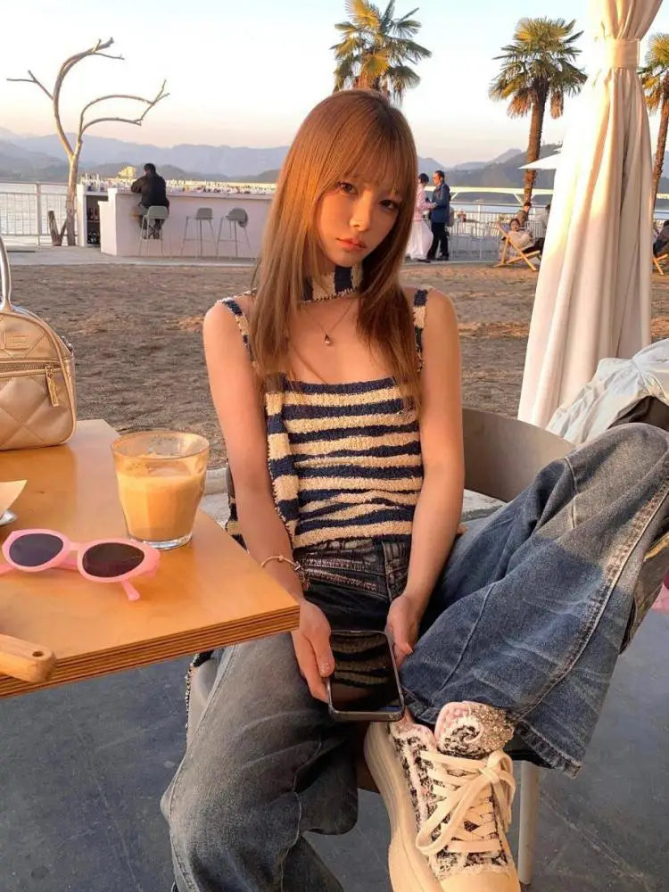 Chic Dollette Harajuku Gestreiftes Camisole Ärmelloses Koreanische Mode Streetwear Gestricktes Tanktop mit Bindeband Sommer Top Neckholder Top